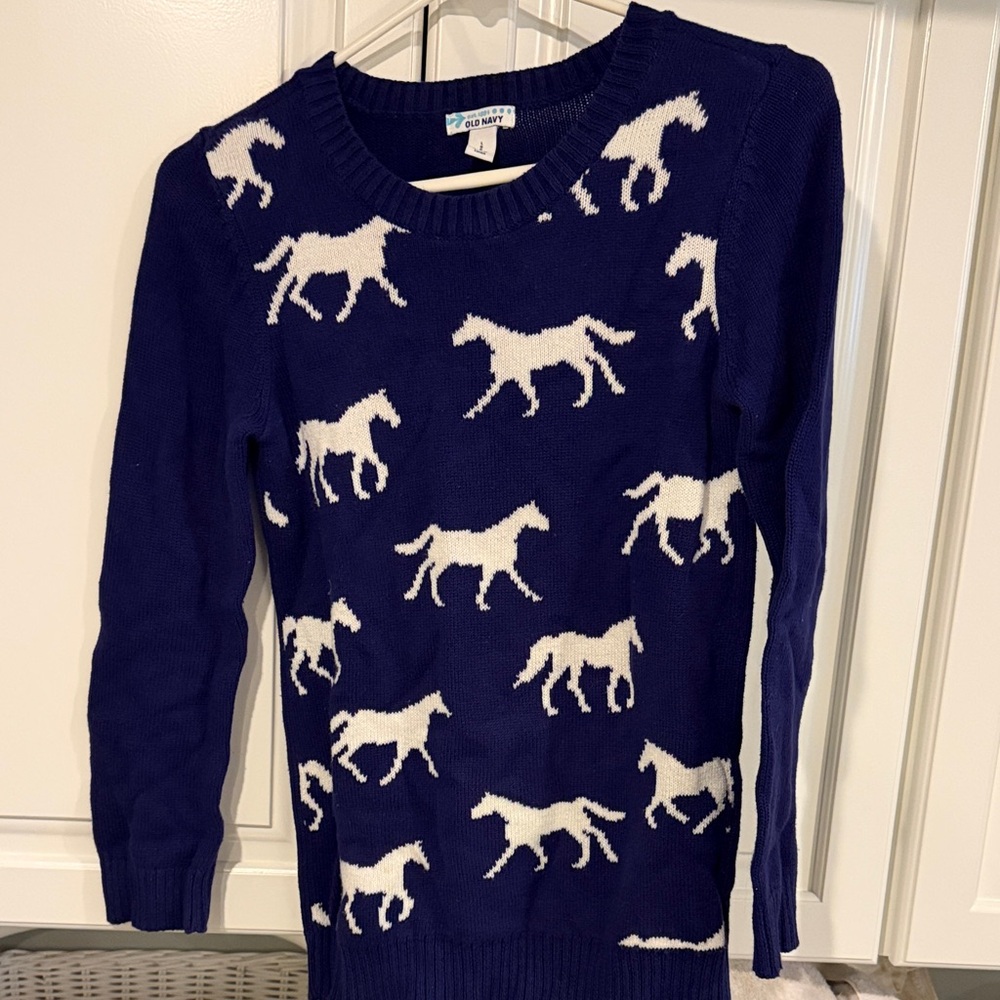 Old Navy Navy and White Horse-Pattern Crewneck Sweater
